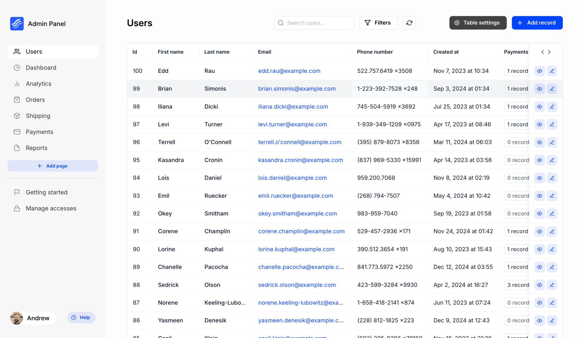 An example of admin page with table