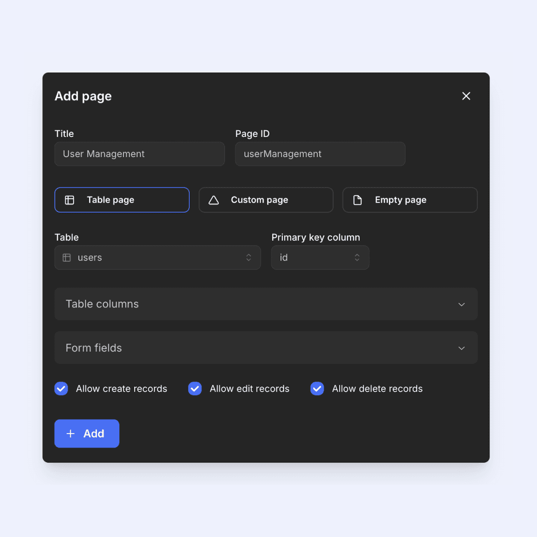 Add pages to your Node.js admin panel with a single click