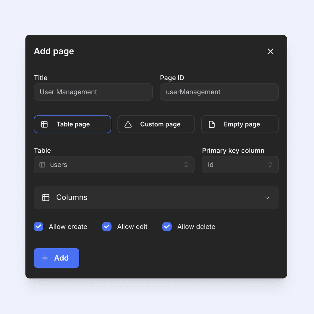 Generate page for your admin panel using our visual editor