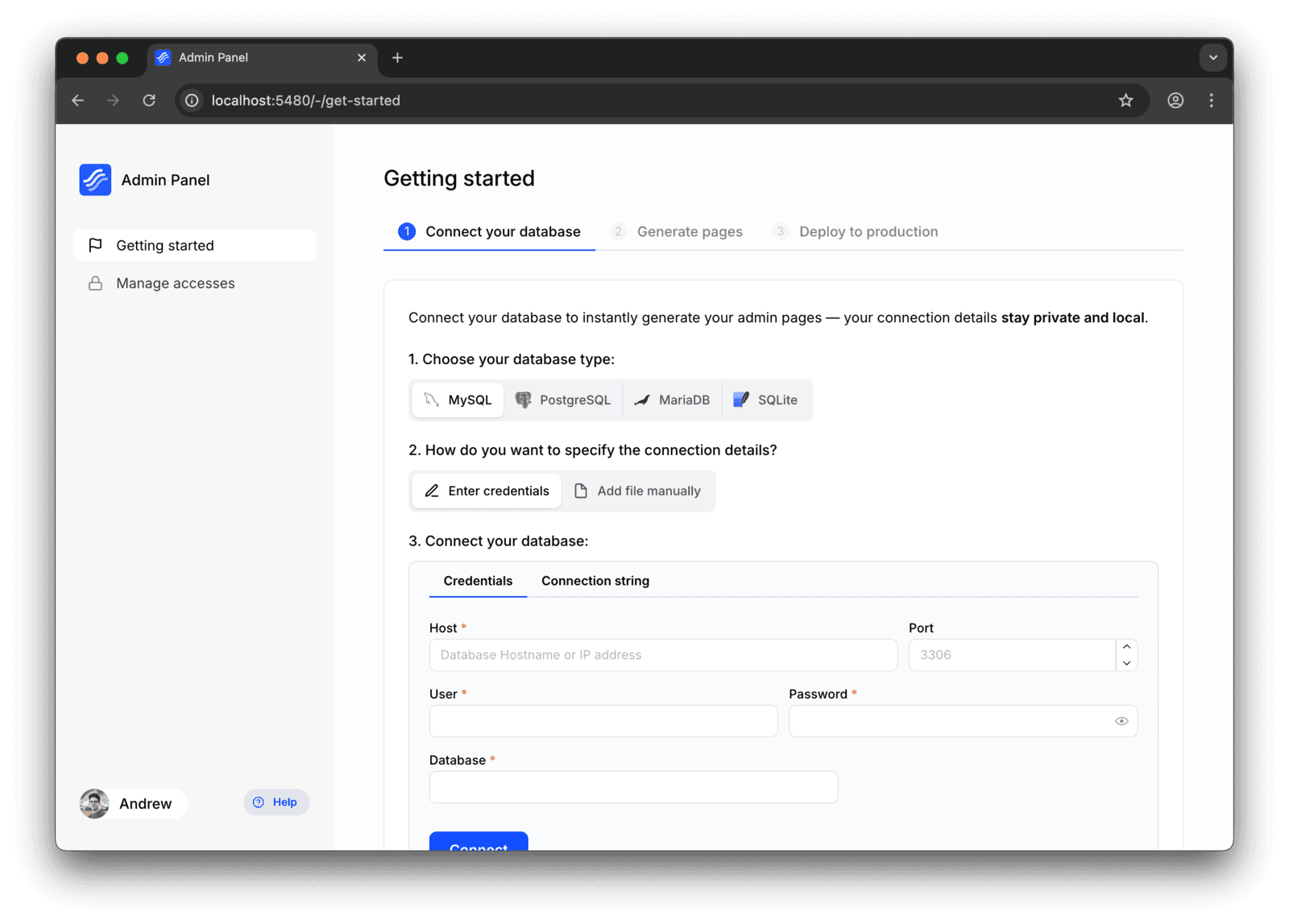Connecting an admin panel to the database.