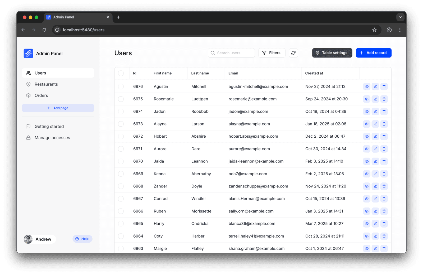 Example of a generated Node.js admin panel.