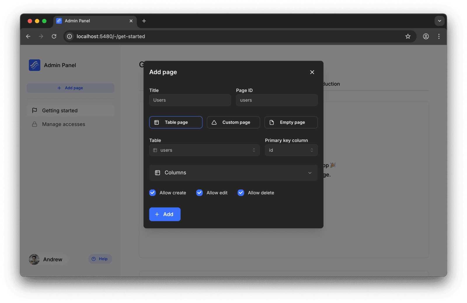 Generating an admin page for the database table.