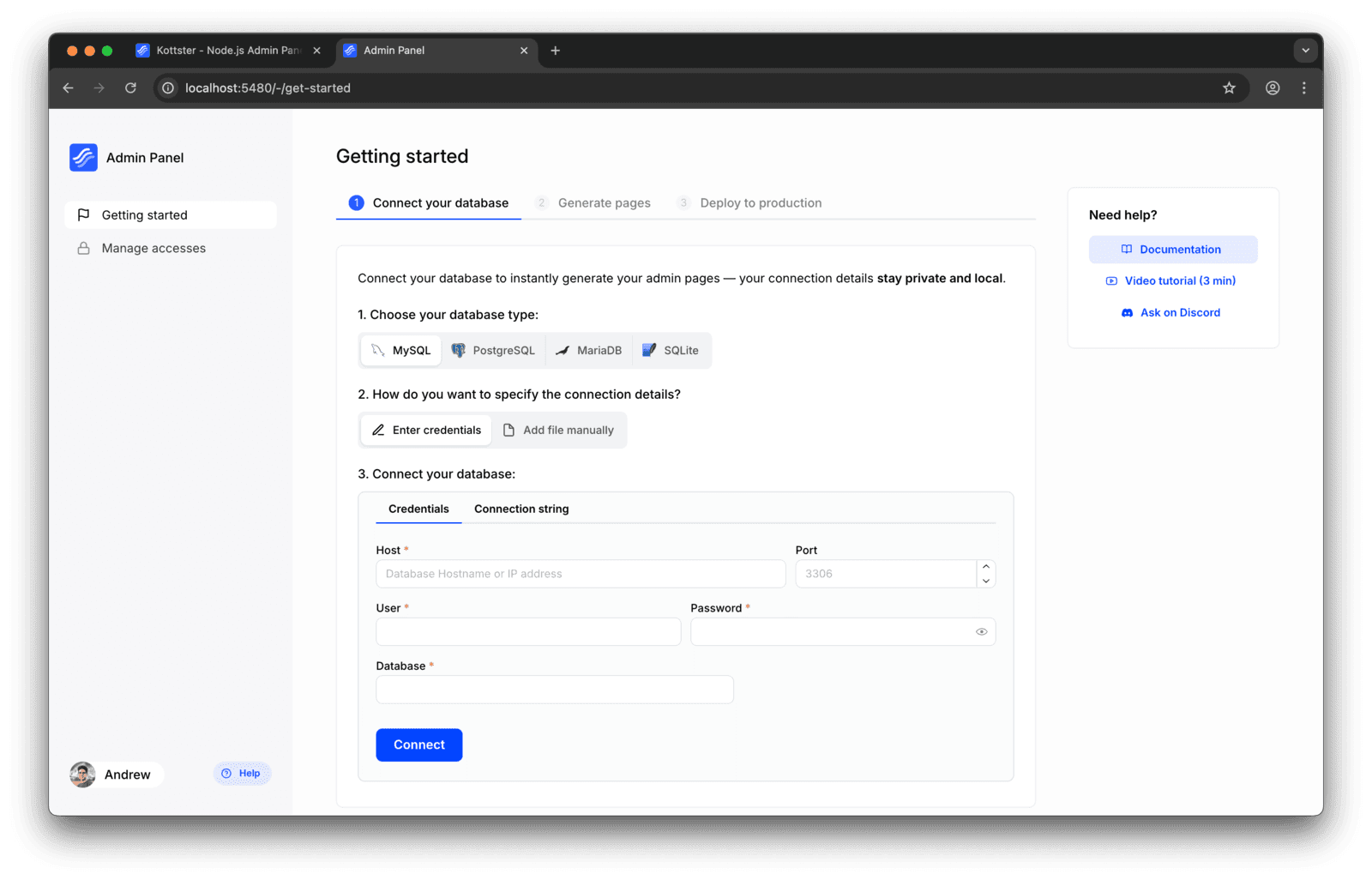 Example of how easy setup is with Kottster compared to plain AdminJS