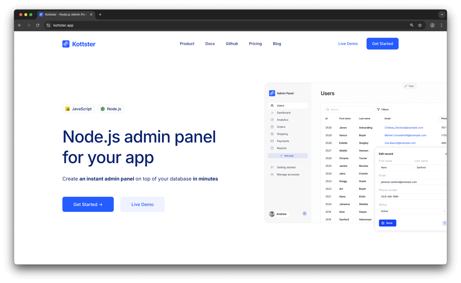 Official Kottster website (https://kottster.app) compared to AdminJS