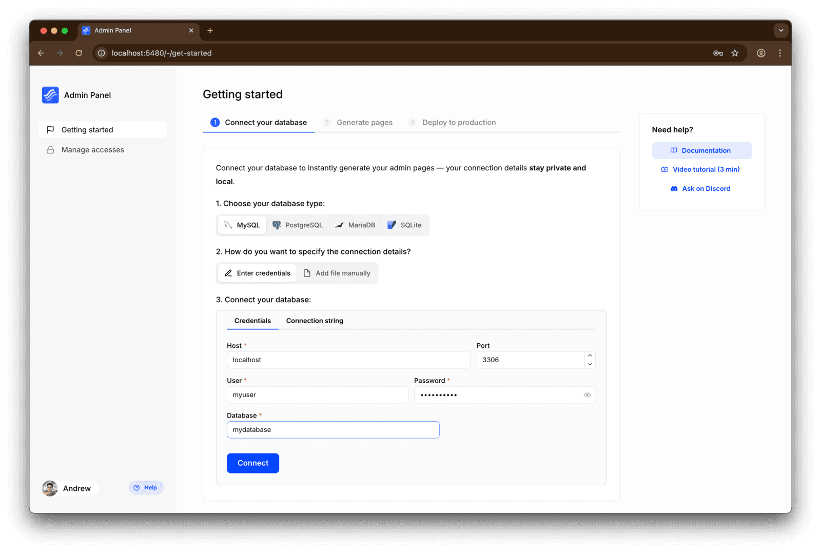 Connecting an admin panel to MySQL database.