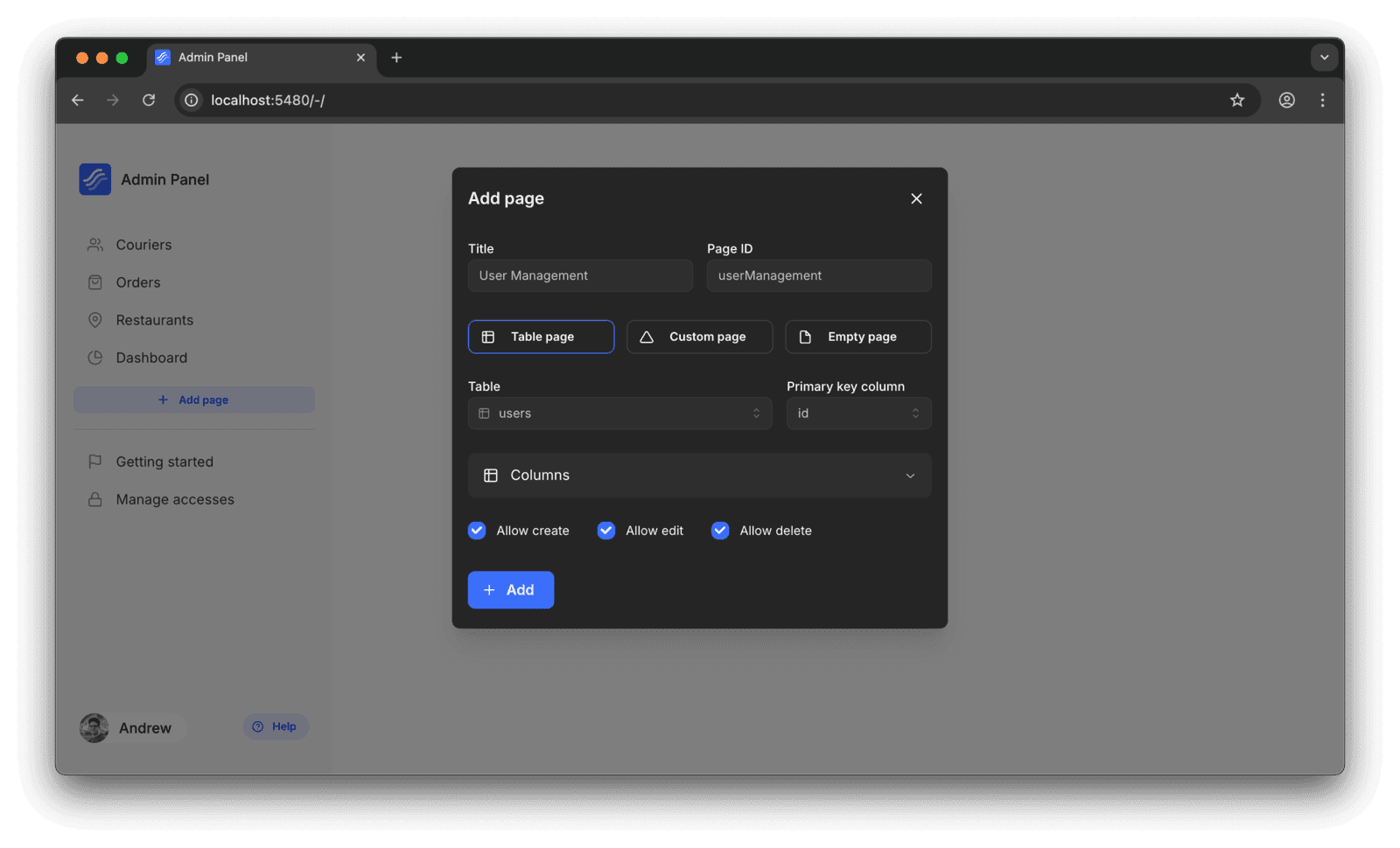 The modal for adding page to the admin panel.