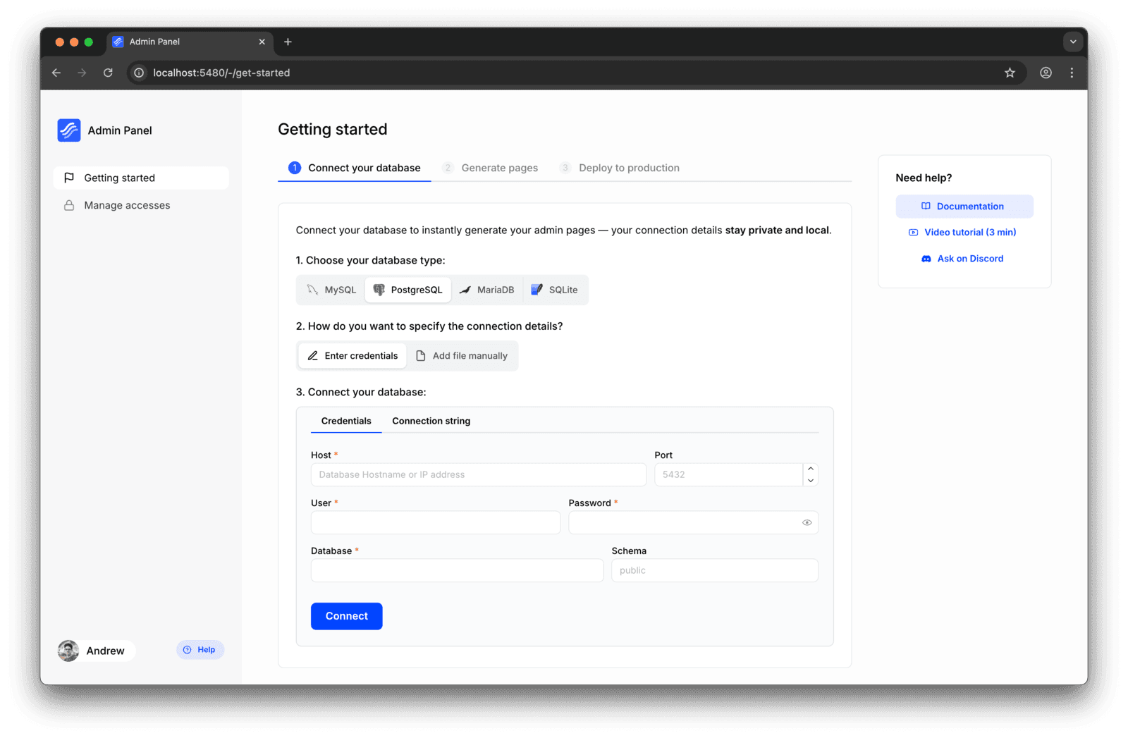 Connecting Node.js admin panel to a database.
