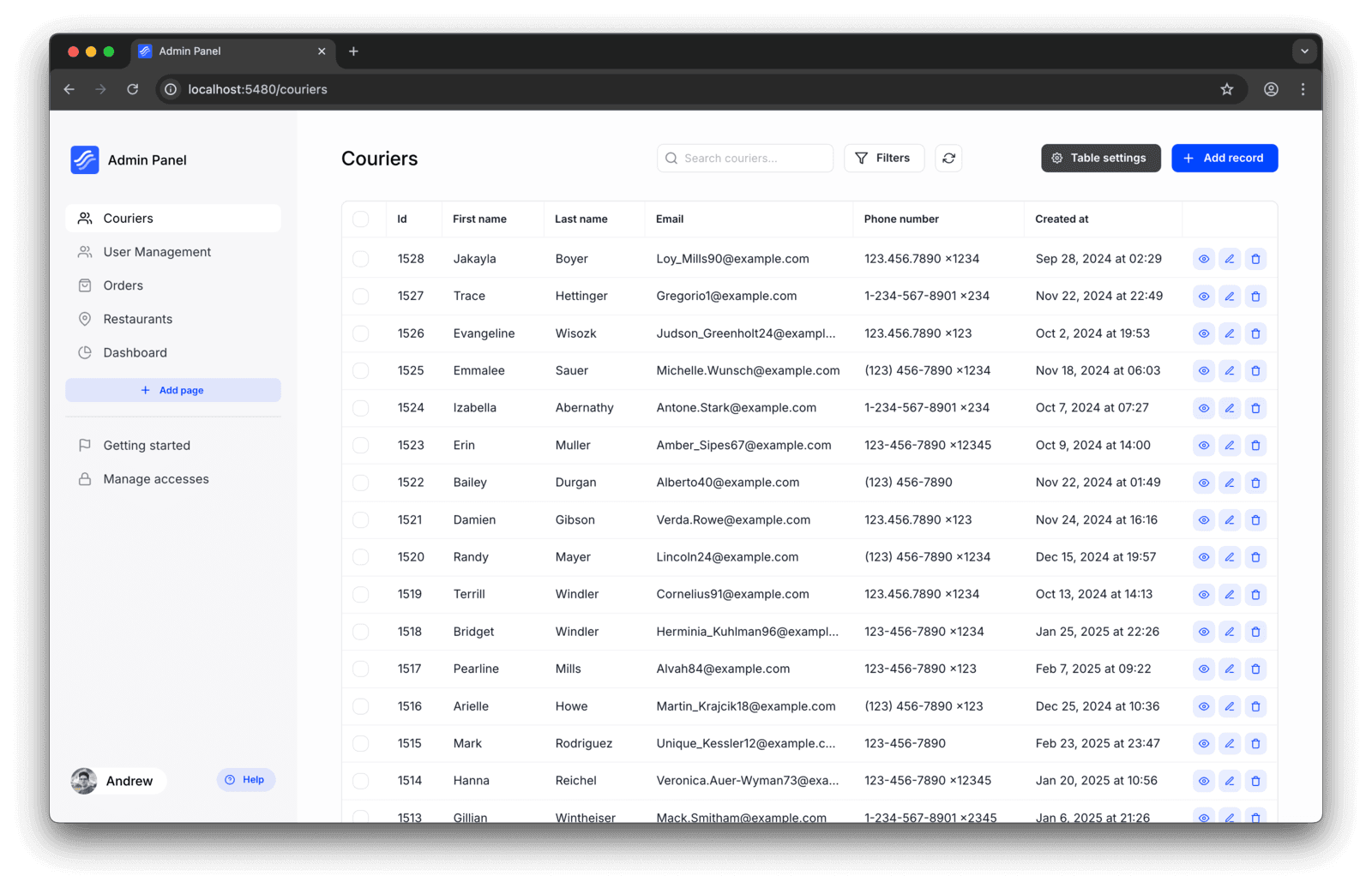 Example of the admin panel built with Node.js and React.