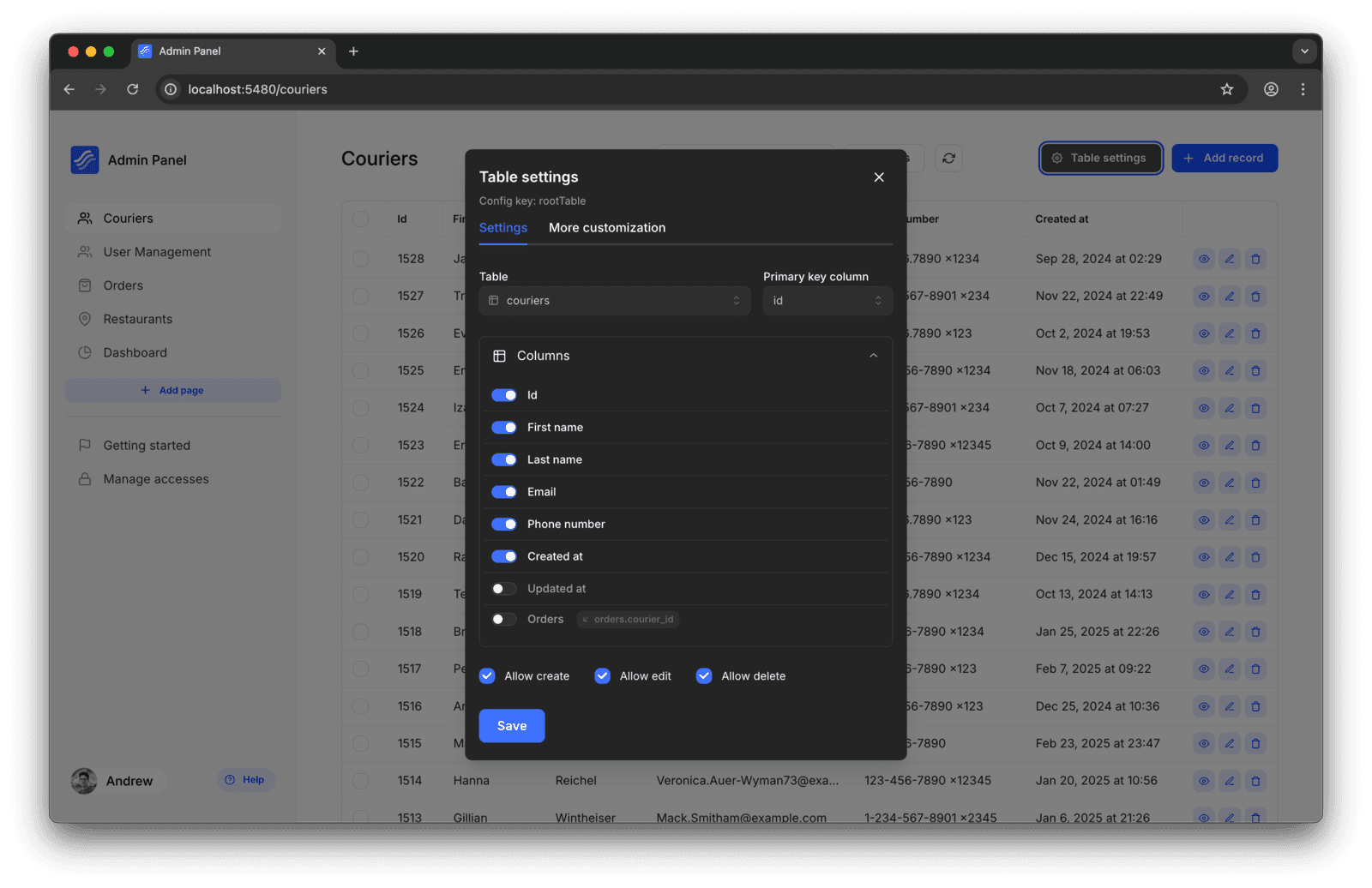 Visual editor for pages in Kottster admin panel