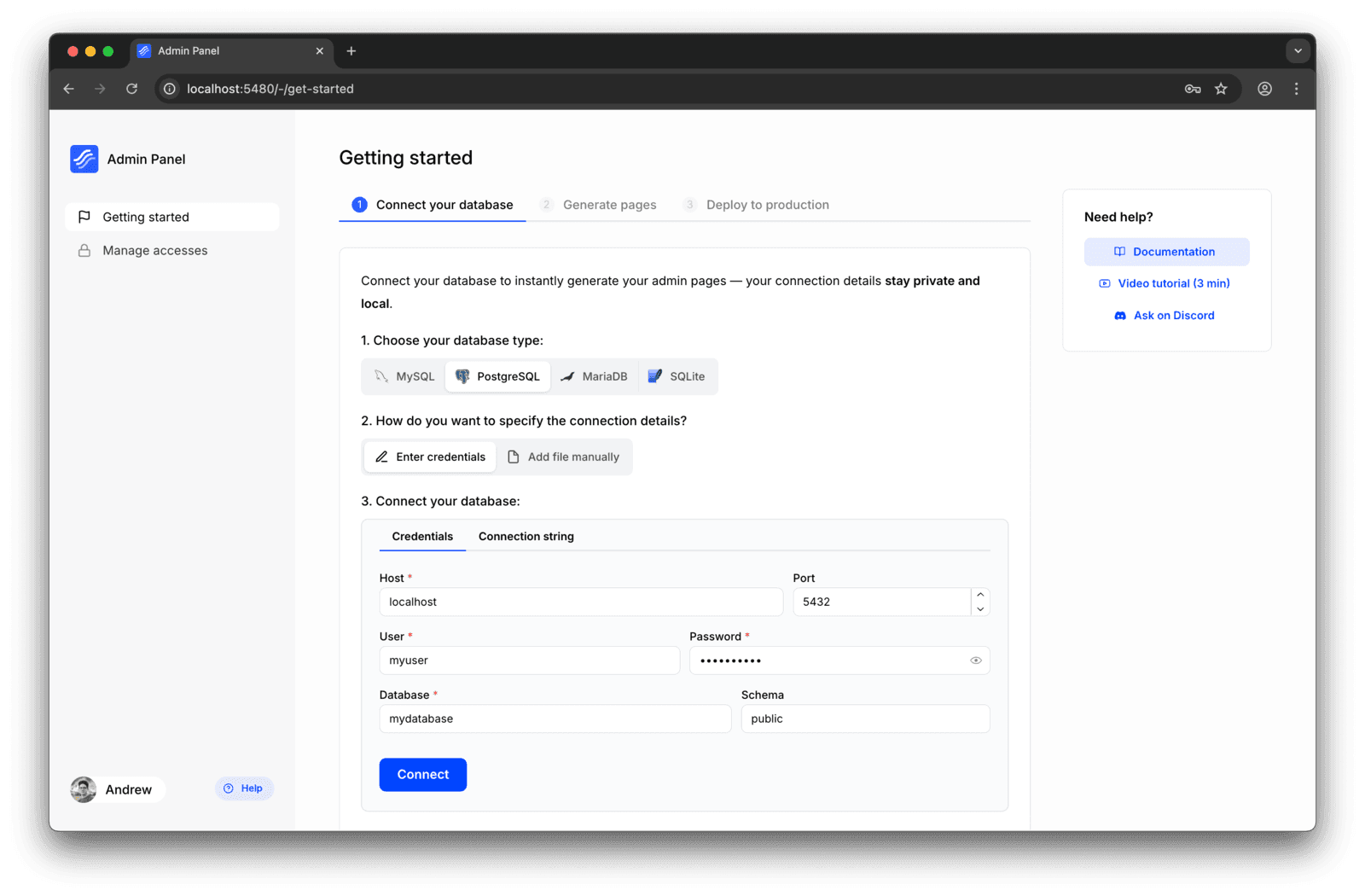 Connecting an admin panel to PostgreSQL database.