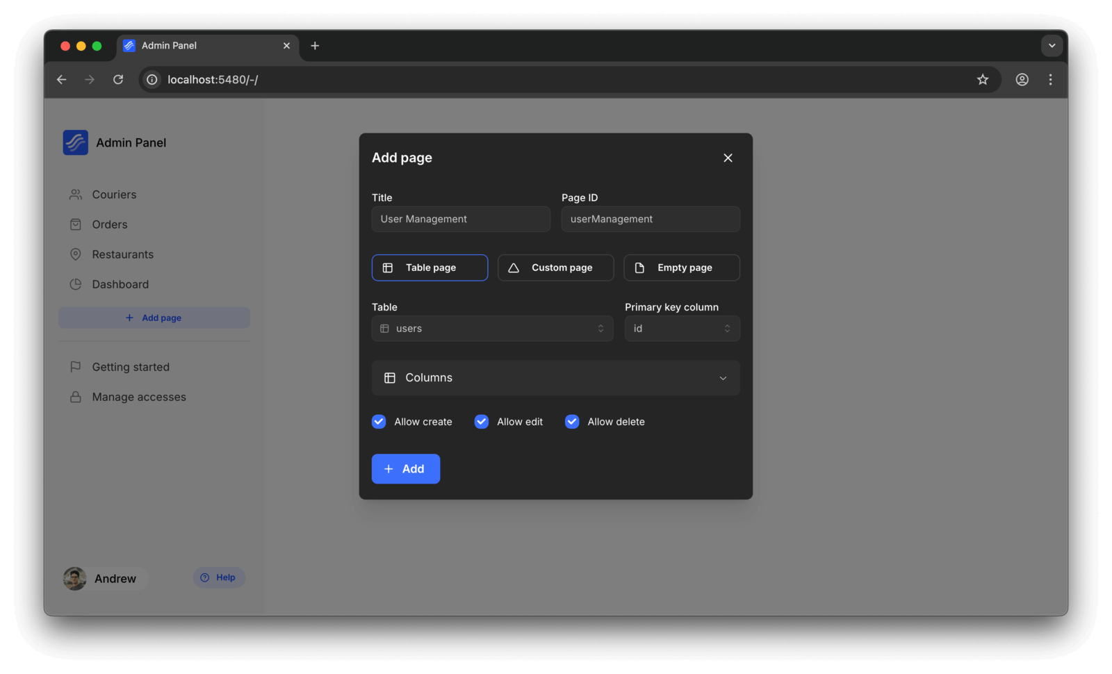 Adding a table page using the visual editor