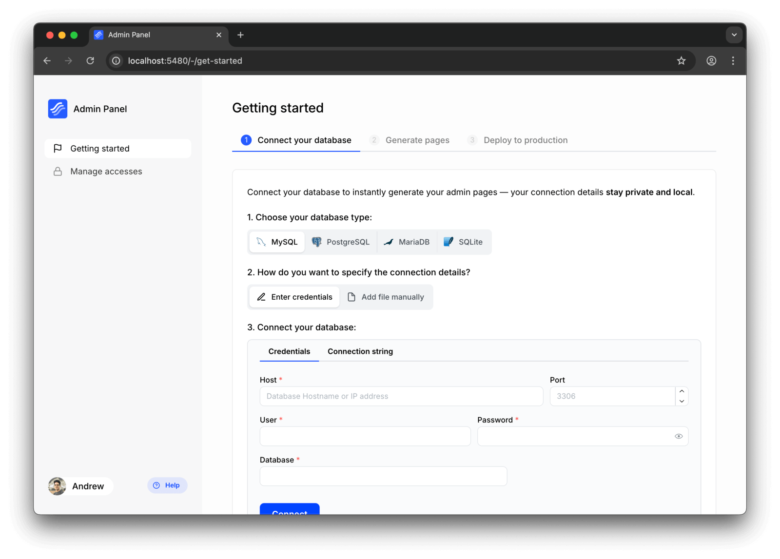 Connecting to the database using Kottster UI