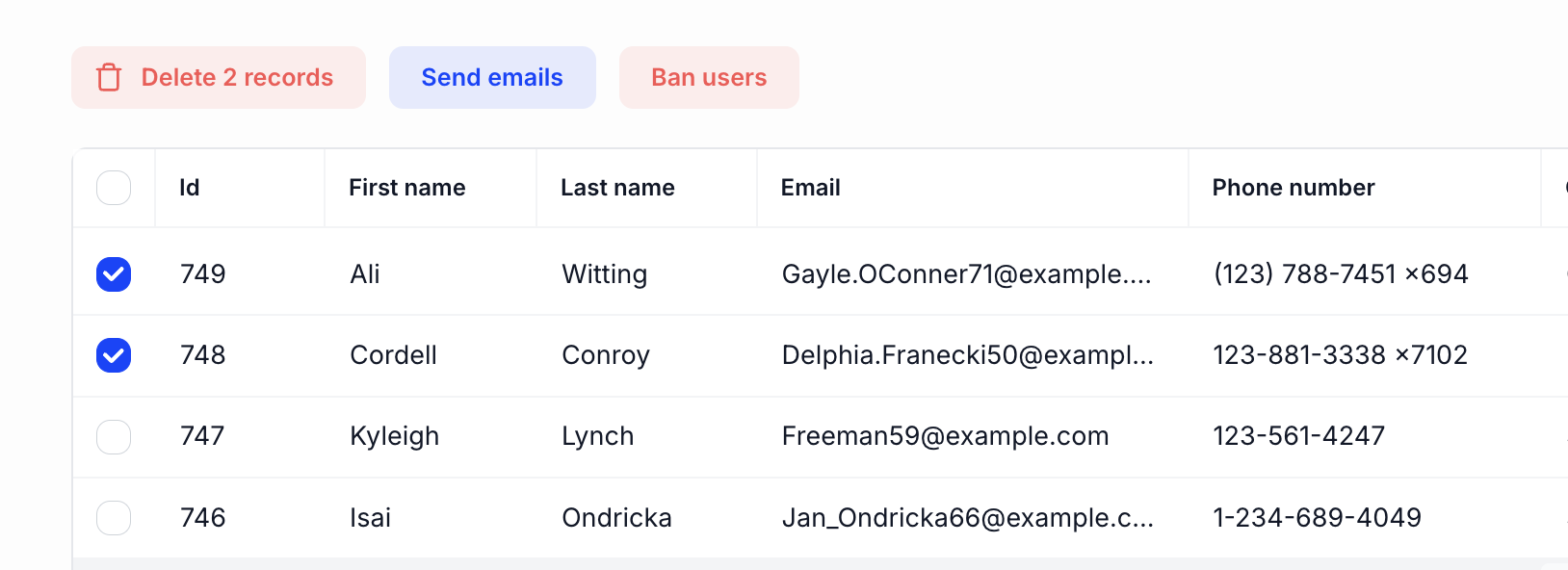 Example of custom bulk actions in Kottster